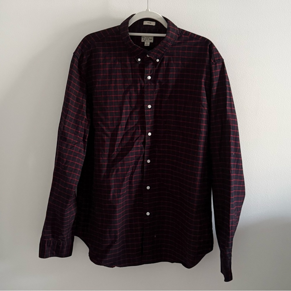 J. Crew Men's Red/Navy Plaid Button Down Oxford Shirt Slim Fit